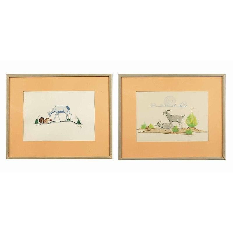 Appraisal: Pair of Frank Begay Paintings Two watercolor animal scenes by