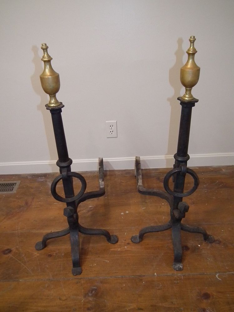 Appraisal: PAIR LARGE A C ANDIRONS Pair antique hammered iron and