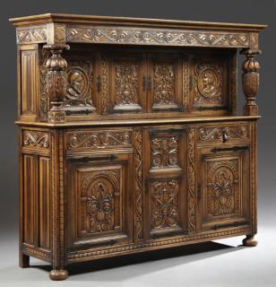 Appraisal: French Jacobean Style Carved Oak Court Cupboard French Jacobean Style