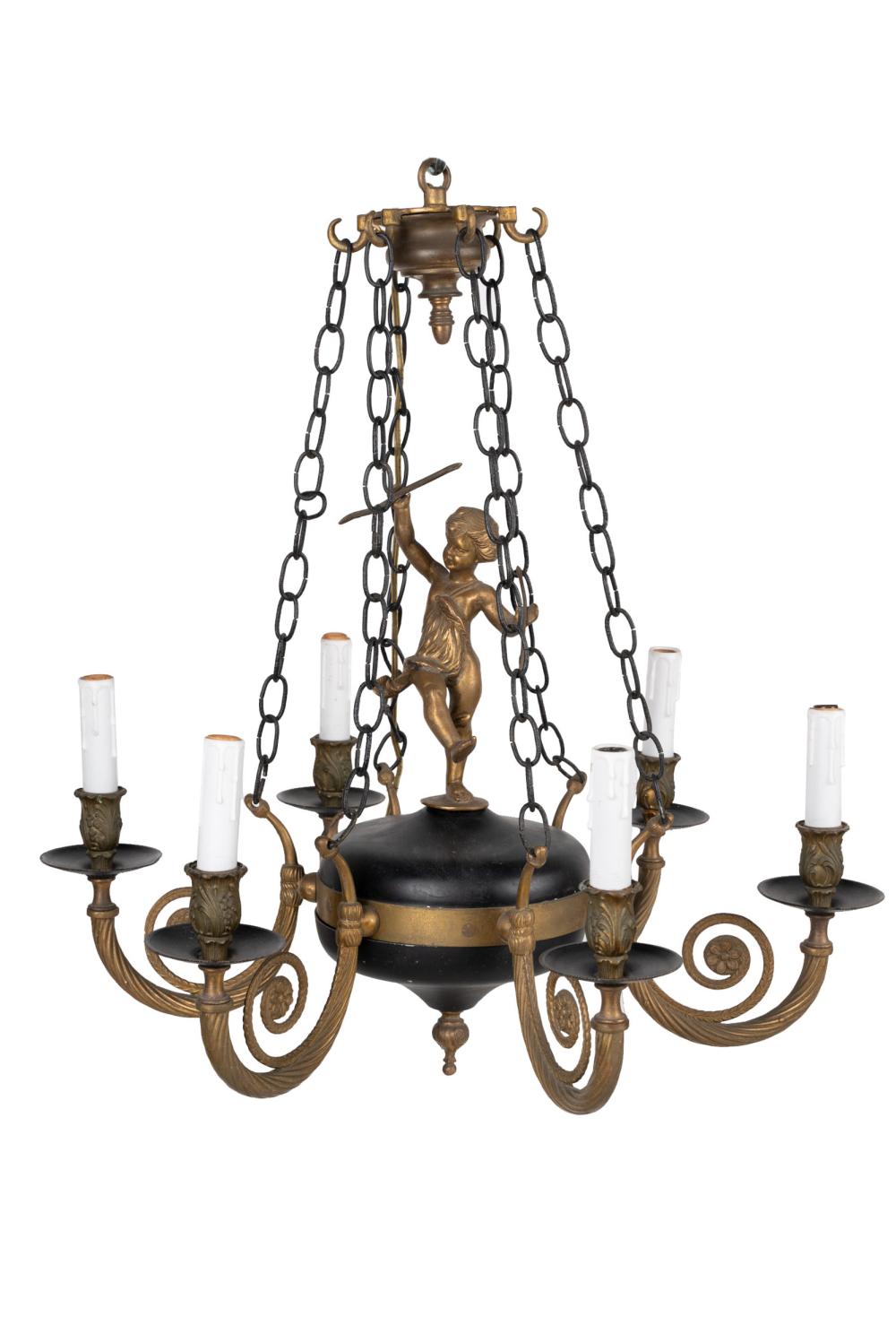 Appraisal: EMPIRE STYLE GILT EBONIZED METAL CHANDELIERwith six arms Condition with