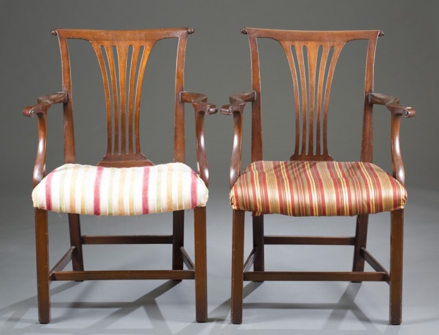 Appraisal: Pair of th c Chippendale Arm Chairs Straight crest with