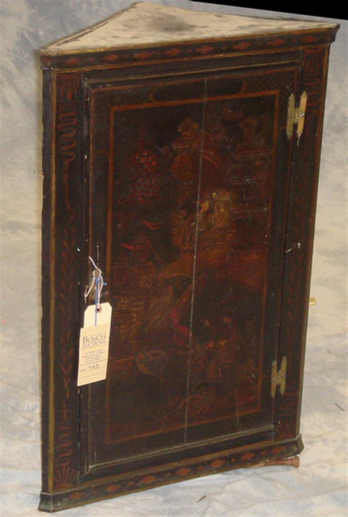 Appraisal: English pine hanging corner cabinet Chinoiserie decoration Brass H hinges