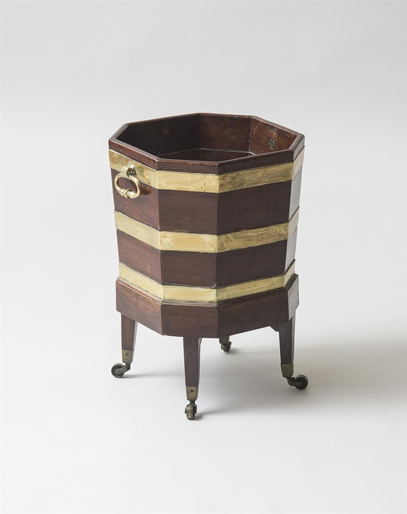 Appraisal: GEORGE III MAHOGANY AND BRASS-BOUND BUCKET ON STAND FORMERLY A