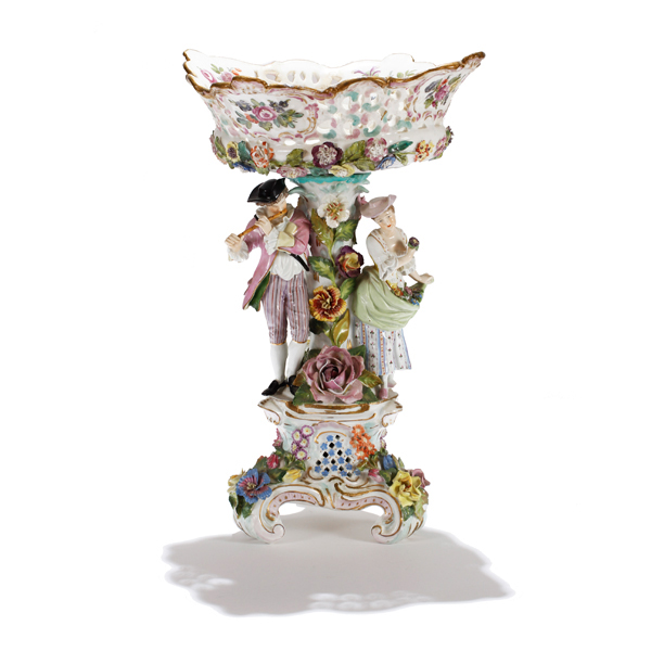 Appraisal: Dresden German porcelain figural centerpiece applied with flowers Extensive repair