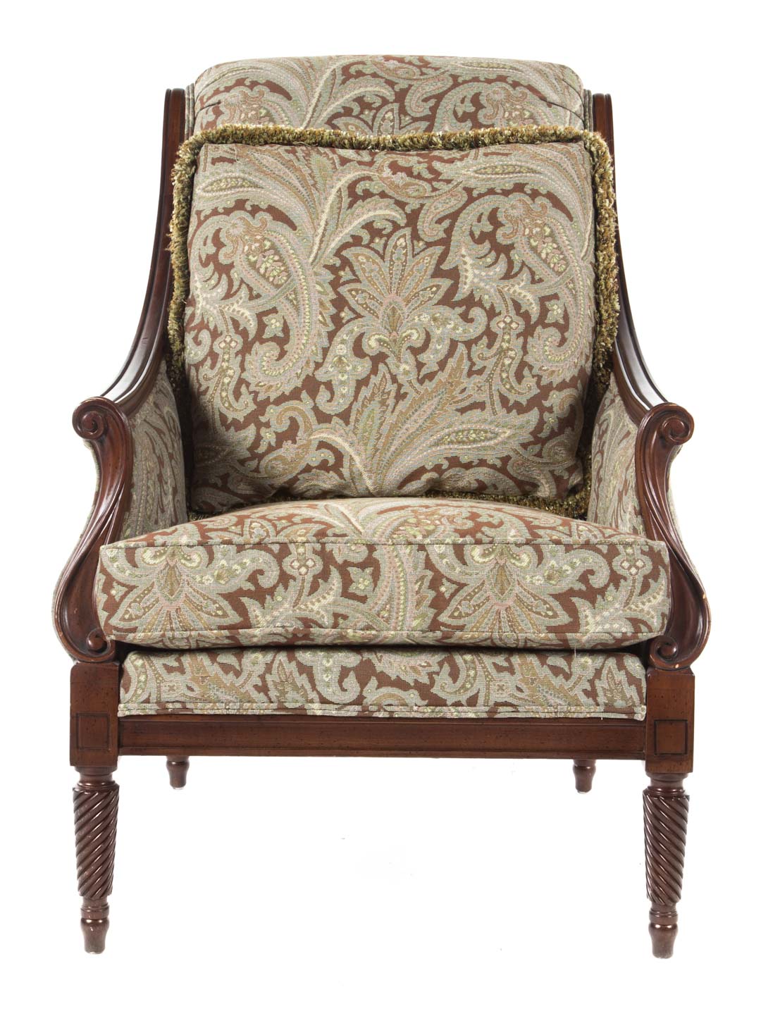 Appraisal: Drexel Regency style mahogany armchair paisley upholstery with pillow in