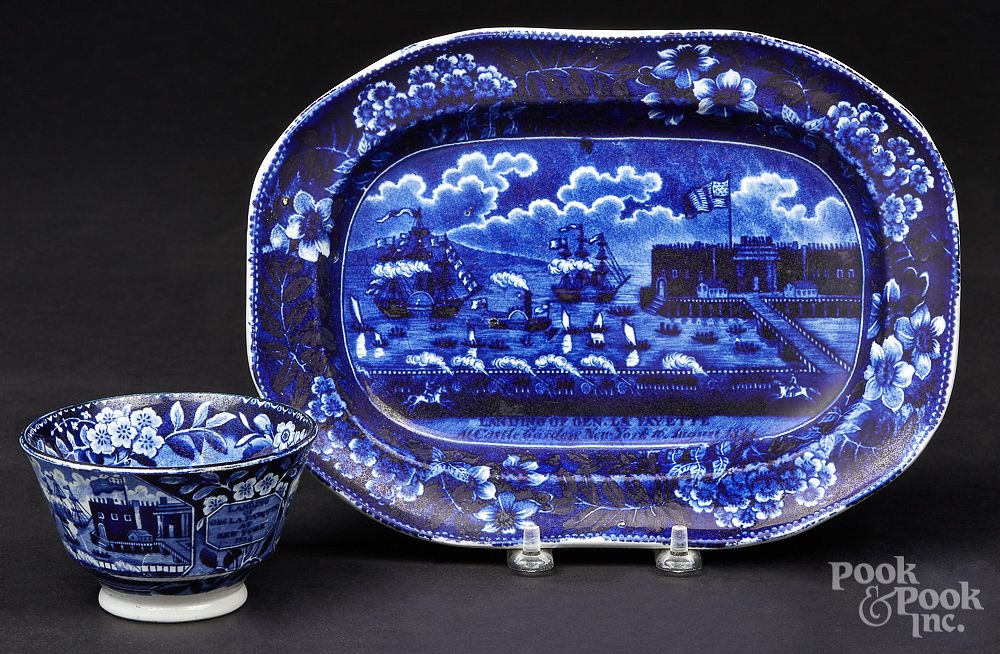 Appraisal: Historical blue Staffordshire platter and cup Historical blue Staffordshire Landing