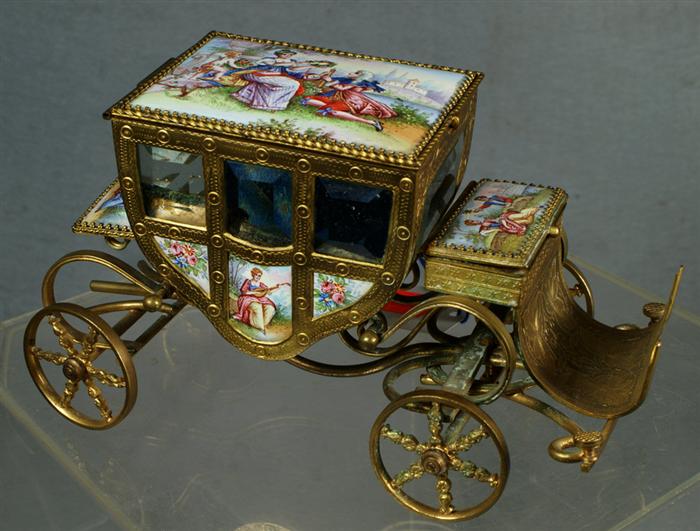 Appraisal: Austrian gilt metal and enameled carriage the hinged lid opening