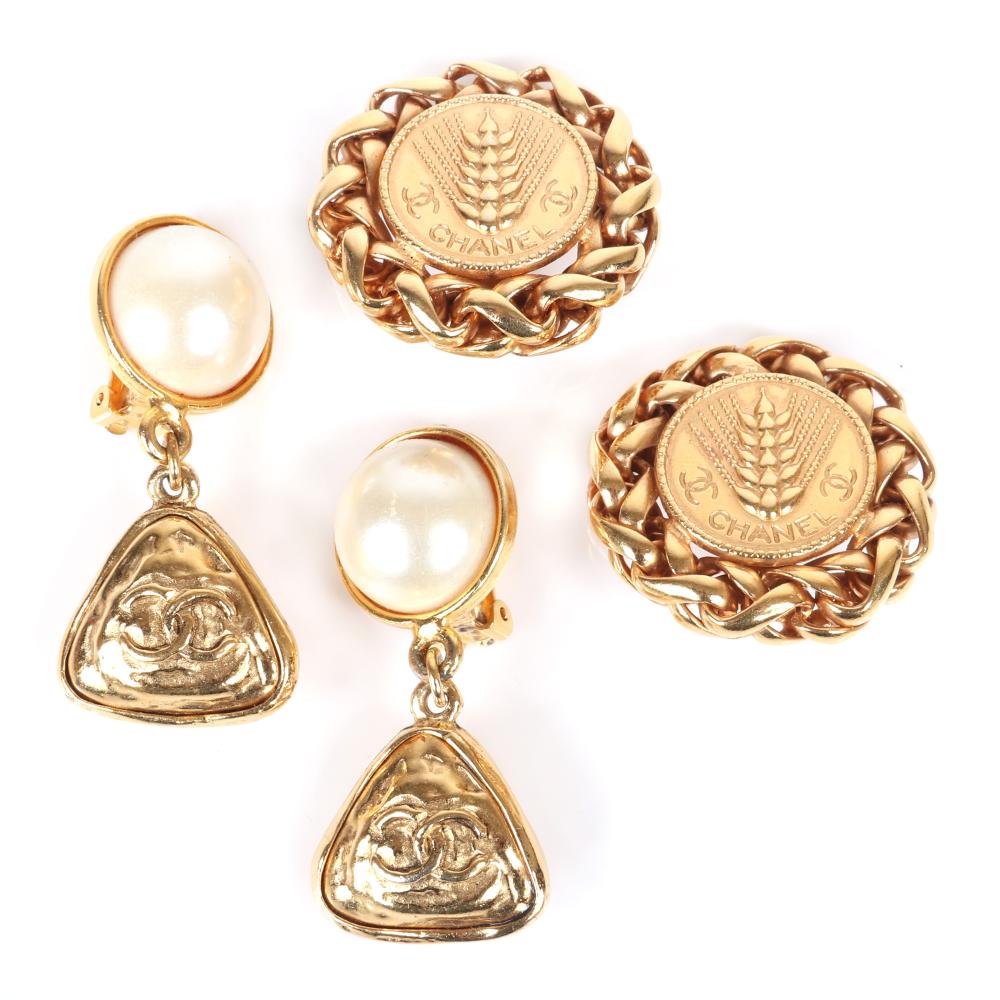 Appraisal: TWO PAIRS OF CHANEL DESIGNER EARRINGS GOLD TONE WHEAT MEDALLION