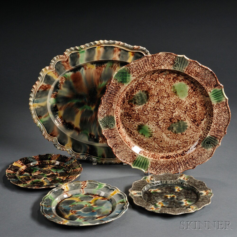 Appraisal: Five Staffordshire Tortoiseshell Lead Glazed Creamware Dishes England th century