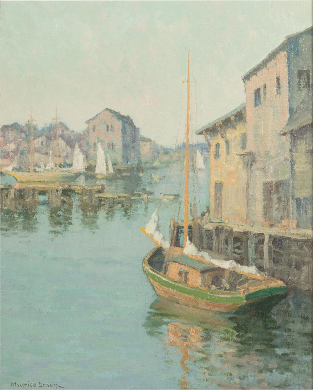 Appraisal: MAURICE BRAUN - boats in harbor oil on canvas signed