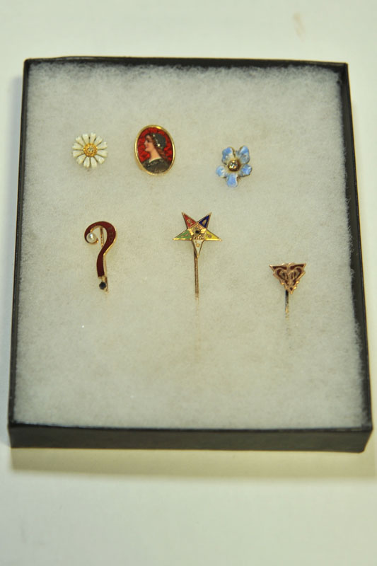 Appraisal: SIX STICK PINS All enamel One with portrait of woman