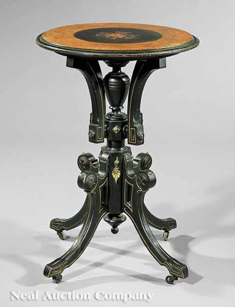 Appraisal: An American Renaissance Burled Walnut Ebonized and Gilt-Incised Gu ridon