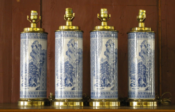 Appraisal: Suite of Four Chinese Brass-Mounted Blue-and-White Porcelain Vases of rouleau