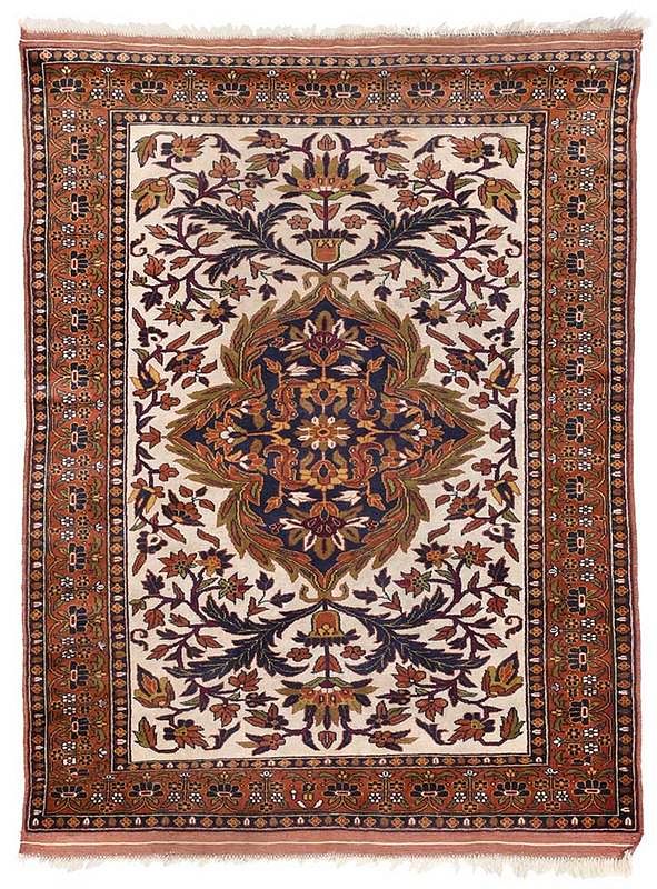 Appraisal: Persian Rug central leafy medallion ivory field with floral sprays