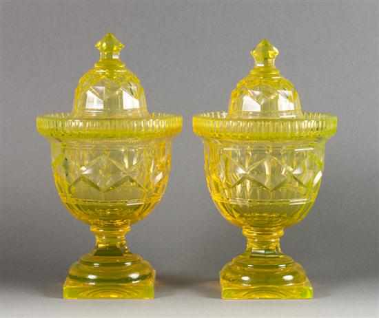 Appraisal: Pair of American vaseline glass sweet meat urns possibly Boston