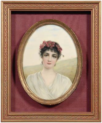 Appraisal: German hand painted porcelain plaque woman with garland of flowers