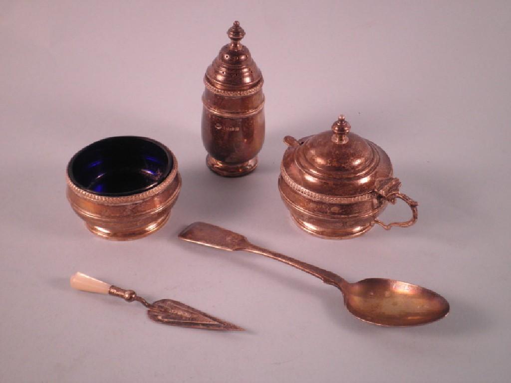 Appraisal: A silver three piece cruet comprising mustard pot with hinged