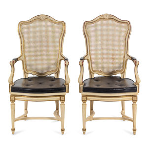 Appraisal: A Pair of Louis XV Style Painted and Caned Fauteuils