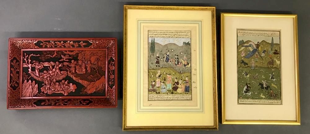 Appraisal: Two Persian Watercolors Cinnabar Tray Two Persian watercolor illuminations largest