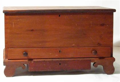 Appraisal: Red-stained blanket chest th century Rectangular lid with molded edge