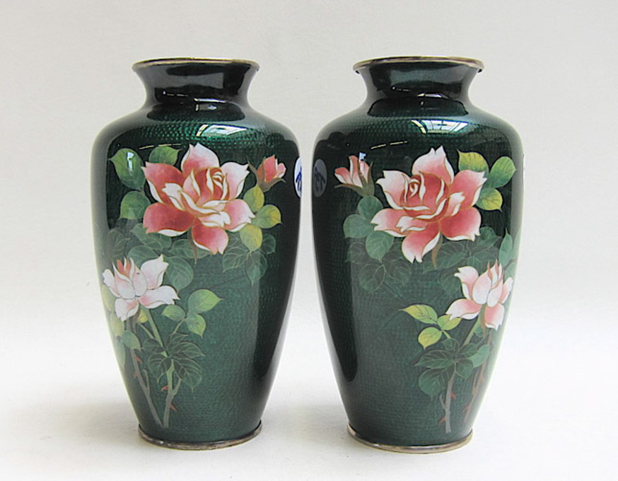 Appraisal: PAIR OF JAPANESE CLOISONNE' ENAMEL VASES having high shoulders with