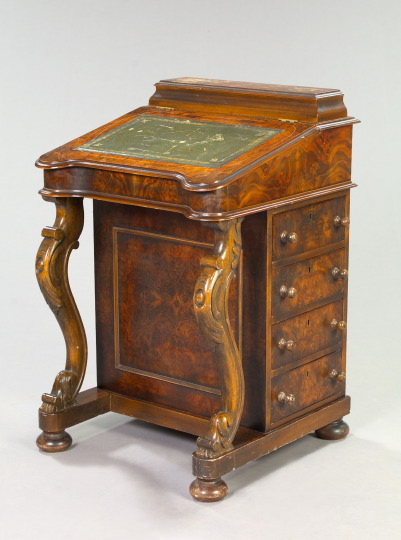 Appraisal: English Victorian-Style Burl Walnut Davenport Desk the slant lid fitted