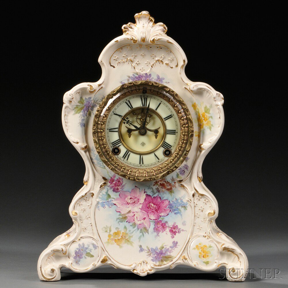 Appraisal: Ansonia Royal Bonn China Clock floral decorated case -in porcelain