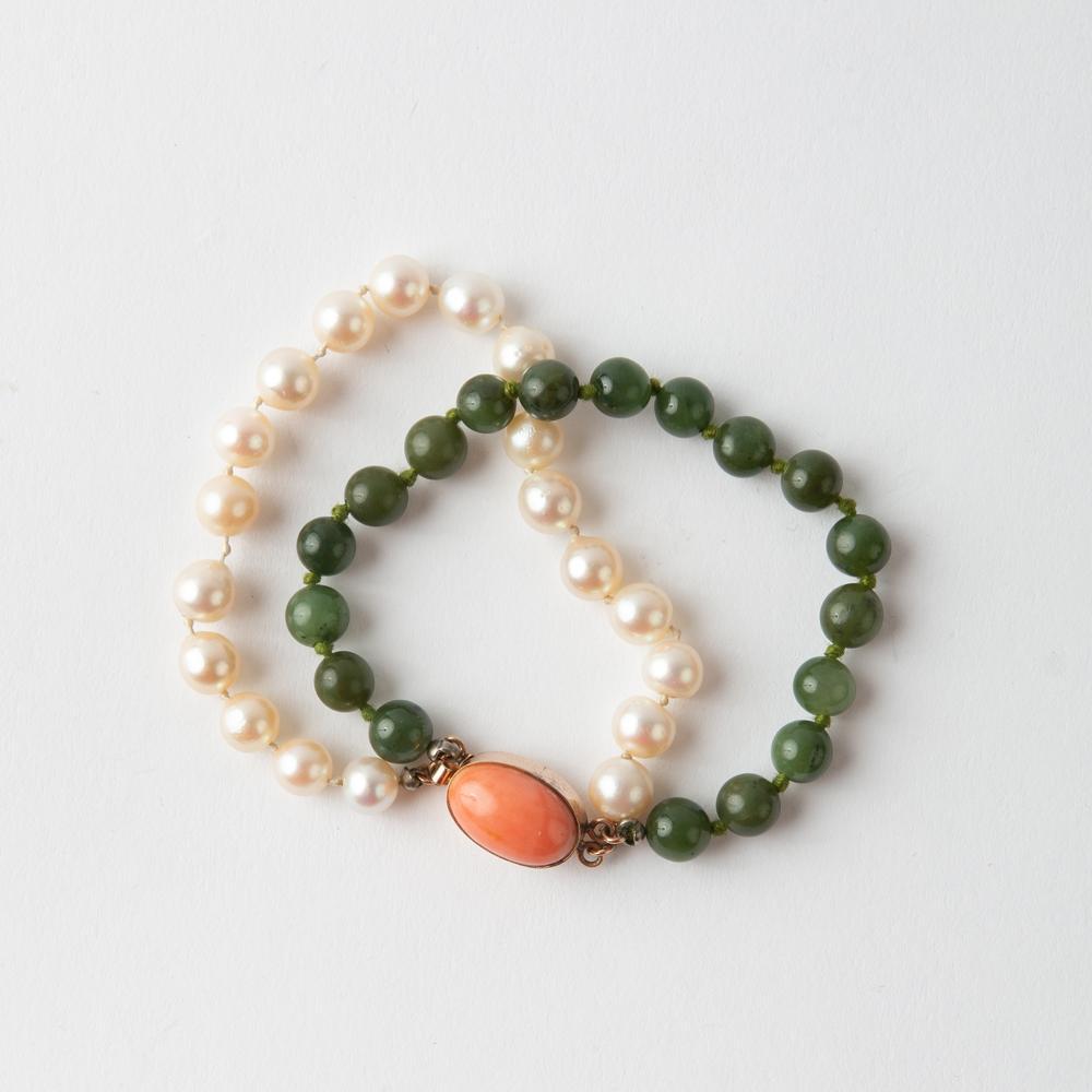 Appraisal: K PEARL NEPHRITE CORAL BRACELET A double strand bracelet with