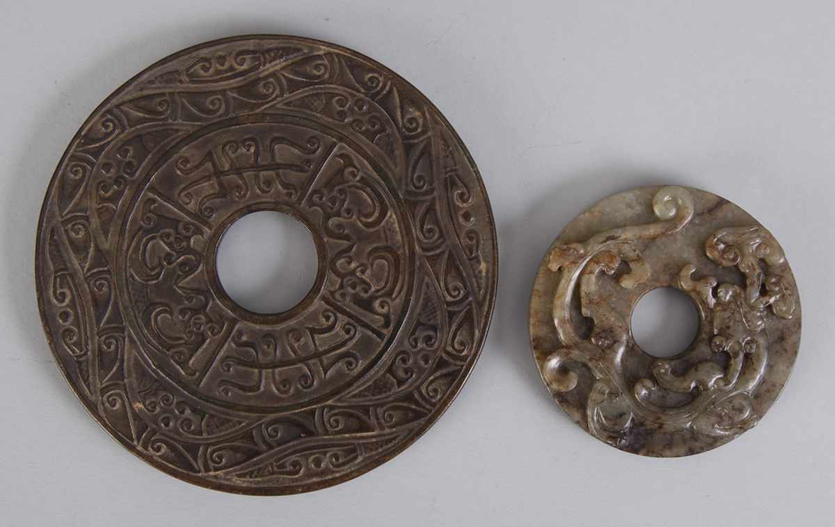 Appraisal: Carved Jade Discs L to R Serpentine bi disc ''