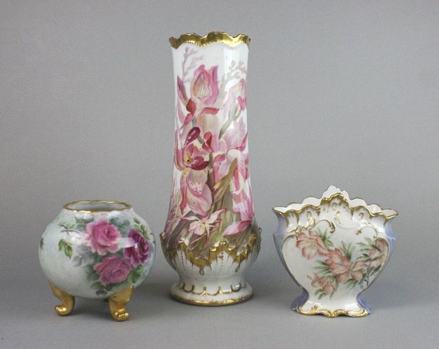 Appraisal: Lot of Three Porcelain Vases Tall Flambeau Limoges gilt and