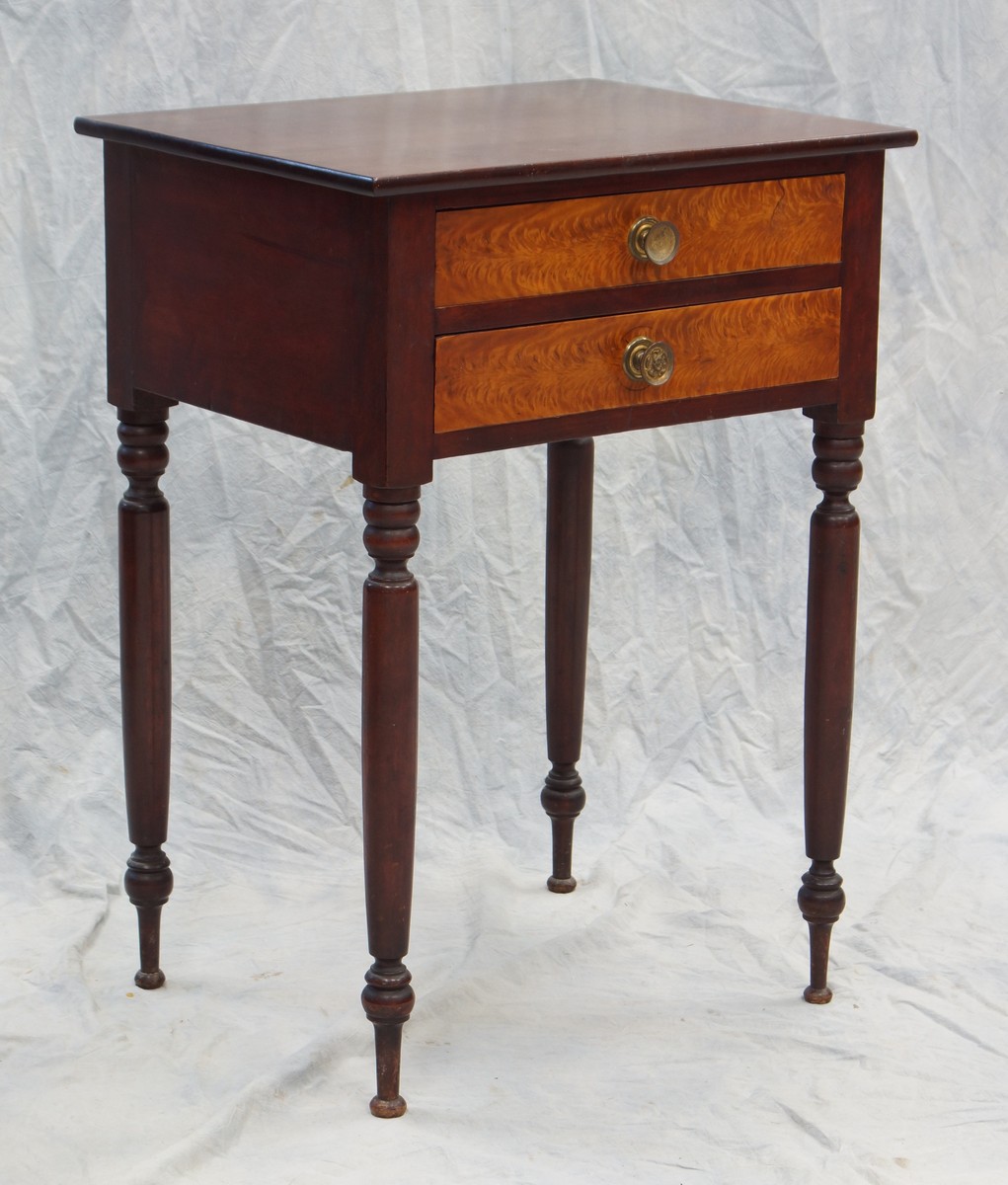 Appraisal: Mahogany drawer Sheraton stand with burled wood drawers high wide