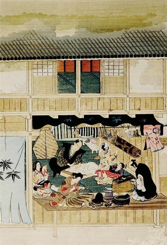 Appraisal: Japanese school th century WORKS INCLUDING CITYSCENES NATURE AND COURTESANS