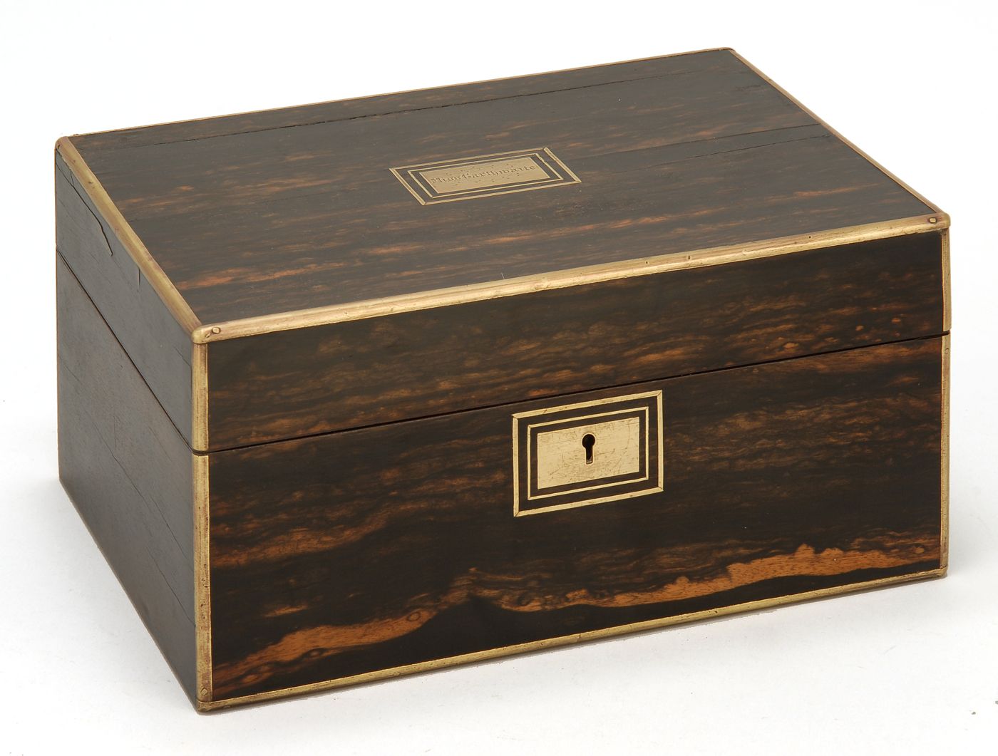 Appraisal: BRASS-BOUND LIFT-TOP SEWING BOX th CenturyIn calamander wood veneer Purple