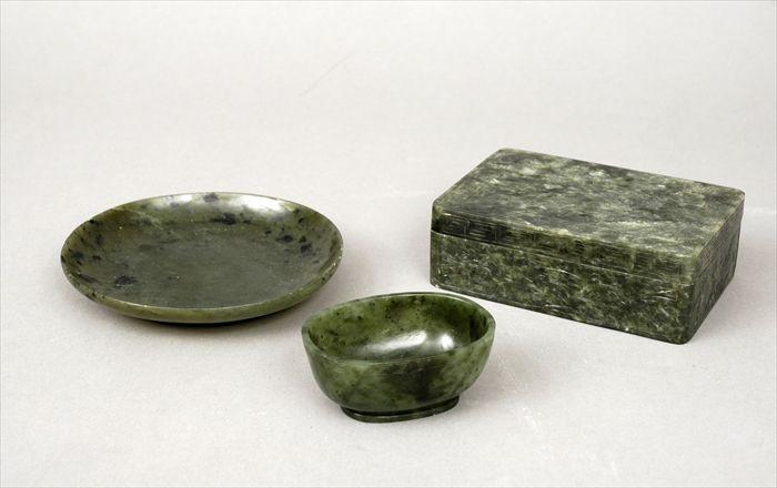 Appraisal: Three Chinese Carved Spinach Jade Articles Including a covered box