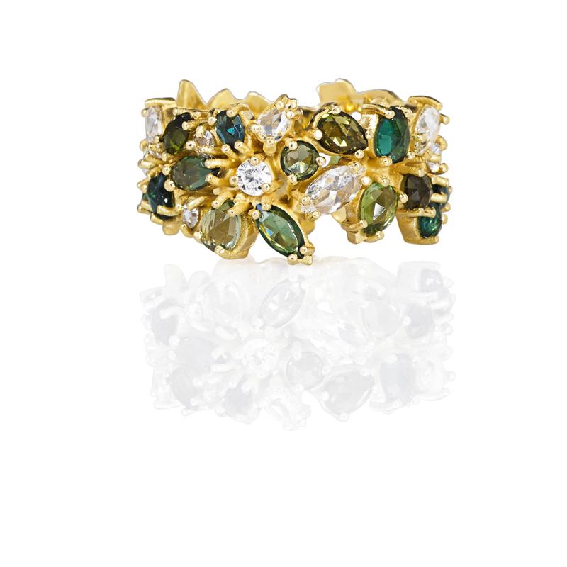 Appraisal: MULTI GEM-SET K YELLOW GOLD FOLIATE RING RBC diamonds approx