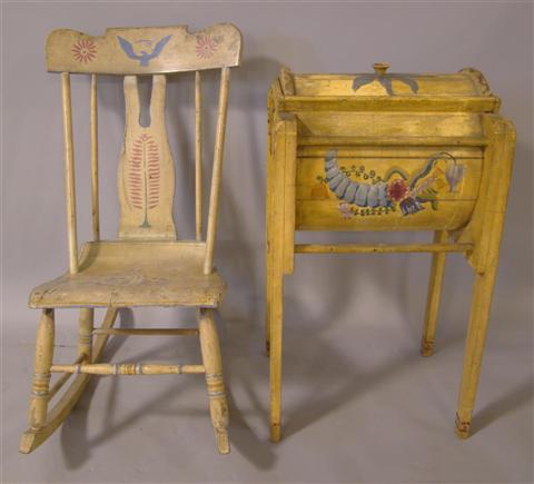 Appraisal: AMERICAN STENCILED ROCKING CHAIR WITH HAND PAINTED BUTTER CHURN the