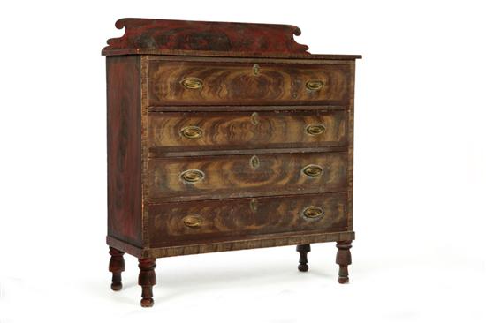 Appraisal: DECORATED SHERATON CHEST OF DRAWERS American - pine Shaped backsplash