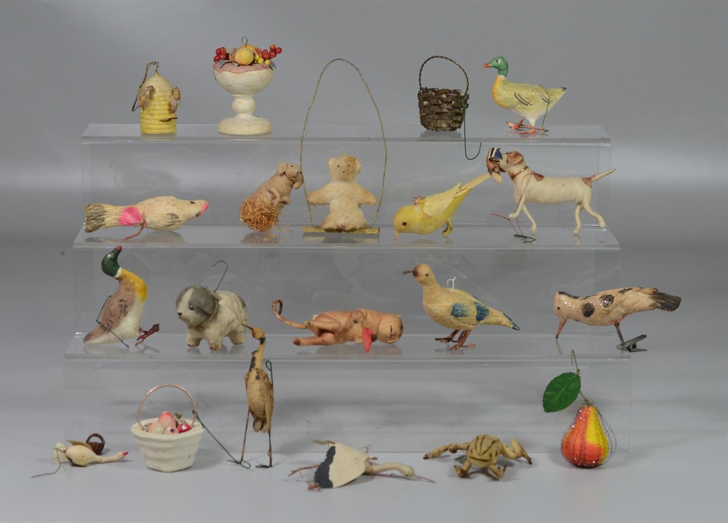 Appraisal: figural Christmas ornaments dogs birds monkey frog beehive fruit etc