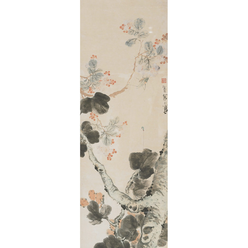 Appraisal: Jiang Hanting - KATYDID AND FLOWERS Ink and colour on