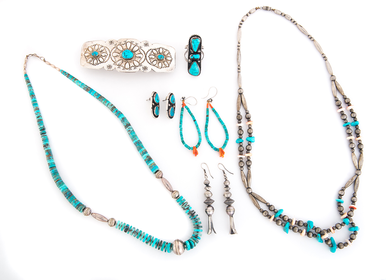 Appraisal: GROUP OF NAVAJO JEWELRY Two vintage turquoise and silver necklaces