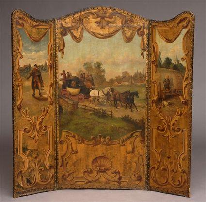 Appraisal: DECORATIVE PAINTED CANVAS THREE-FOLD SCREEN The front with a coach