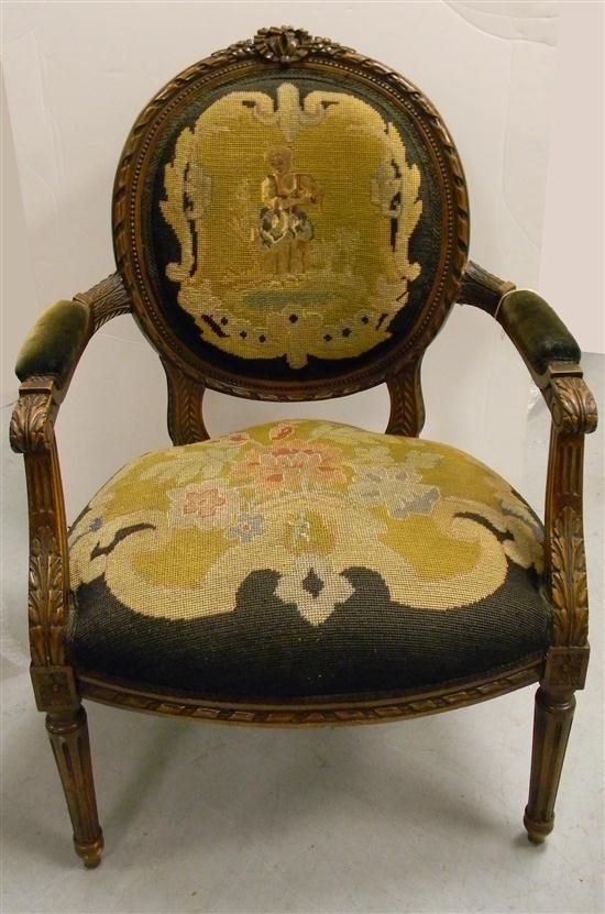 Appraisal: Louis XVI style open armchair needlepoint upholstery with figure worked