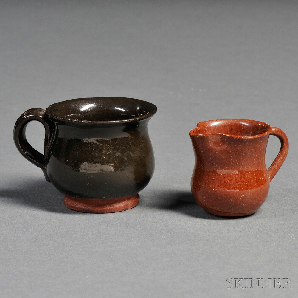 Appraisal: Miniature Redware Pitcher and Mug America th century bulbous mug