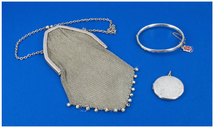 Appraisal: Silver Mesh Purse Stamped Plus silver locket circular fully hallmarked