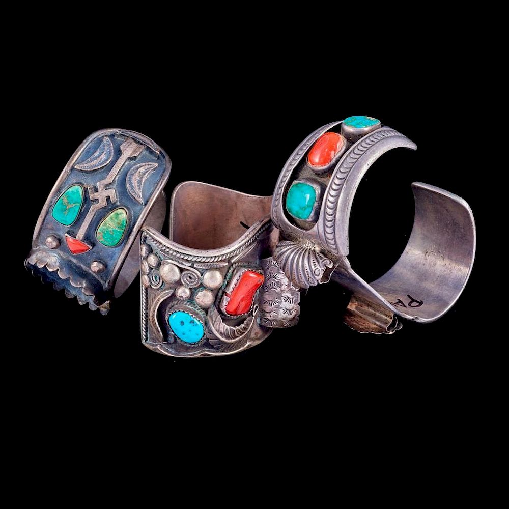 Appraisal: NAVAJO WATCH CUFF BRACELETS Three Old Pawn Southwest turquoise coral