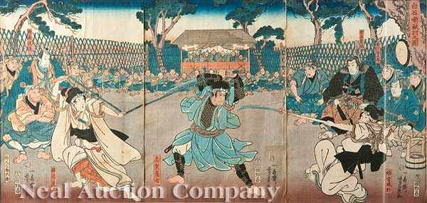 Appraisal: Utagawa Yoshikazu Japanese act - woodblock print triptych depicting a