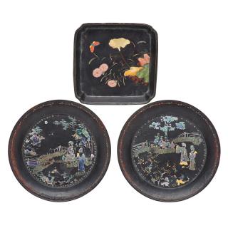 Appraisal: KANGXI PERIOD LACQUERED DISHES Three One square with inlaid mother