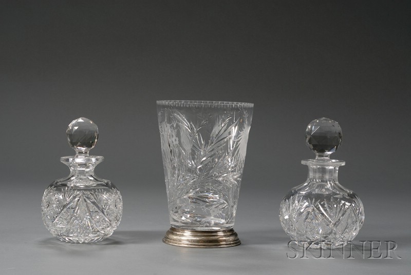 Appraisal: Unusual Hawkes Cut Glass Vase and Two Colognes Cut glass