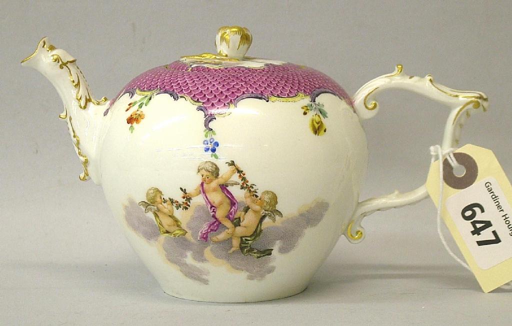 Appraisal: Late th century Meissen bullet shaped teapot hand painted with