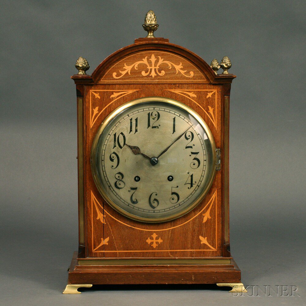 Appraisal: Inlaid Mahogany German Quarter-striking Bracket Clock by Winterhalder Hofmeier rounded